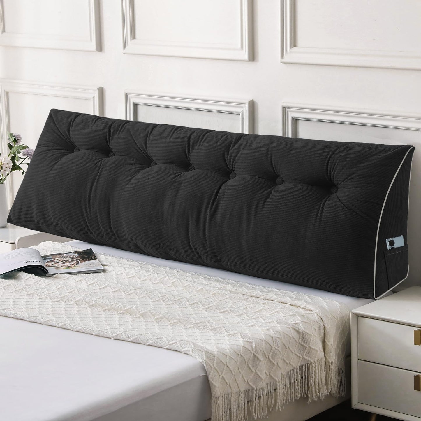 Melhany Queen Size Wedge Headboard Pillow Set with 2 Bolster Pillows, Velvet Back Support Reading Pillow with Removable Washable Cover
