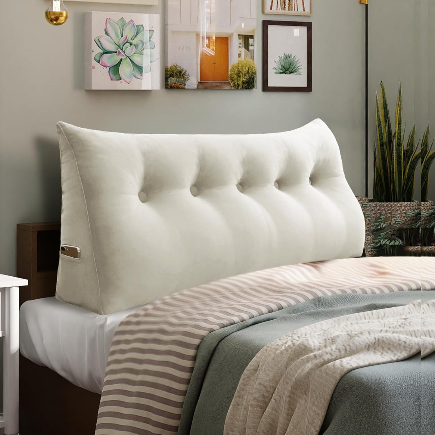 Melhany Queen Size Wedge Headboard Pillow with Side Pockets, Velvet Back Support Reading Pillow with Removable Washable Cover