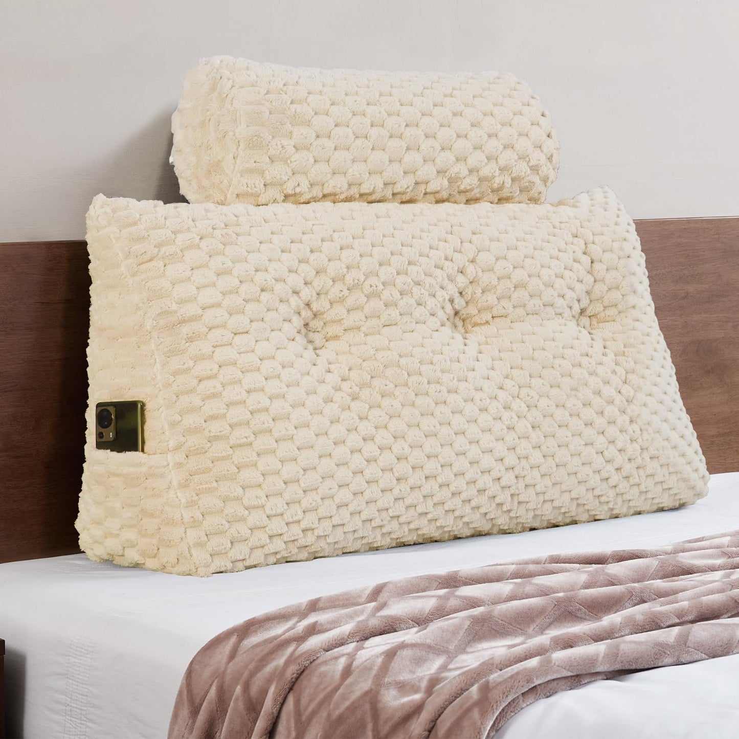 Melhany Queen Size Wedge Headboard Pillow Set with 2 Roll Pillows, Velvet Back Support Reading Pillow with Removable Washable Cover