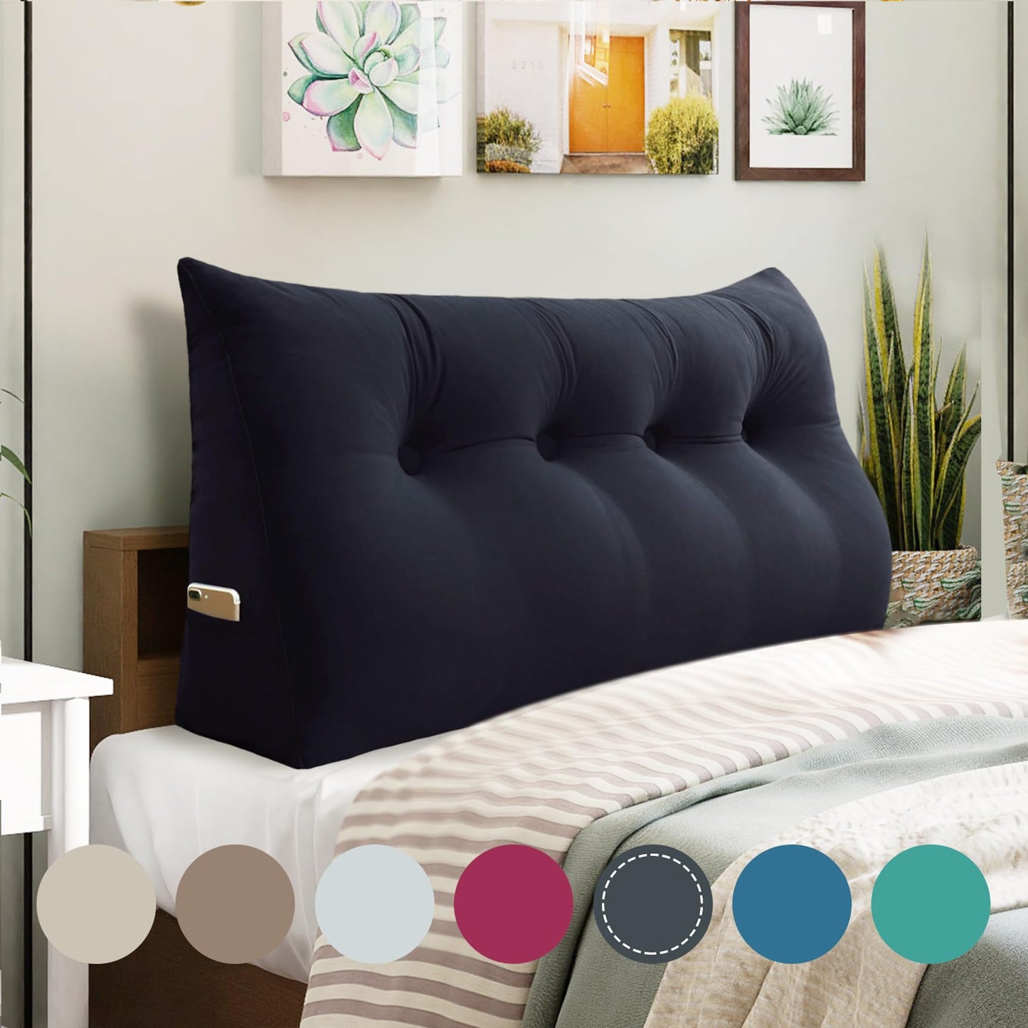 Melhany Queen Size Wedge Headboard Pillow with Side Pockets, Velvet Back Support Reading Pillow with Removable Washable Cover