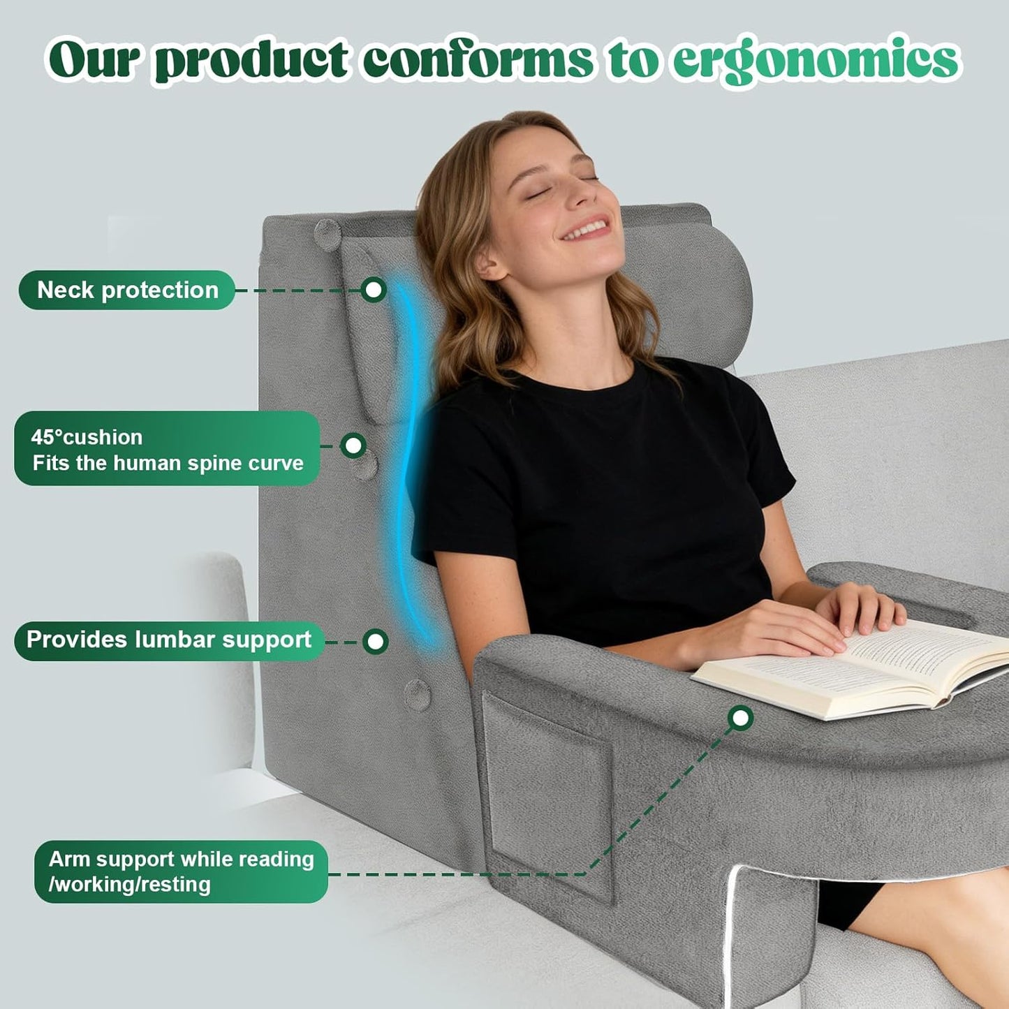 Melhany Adjustable 3-Piece Reading Wedge Pillow Set with Laptop Tray, Modular Bed Rest Support System with Side Pockets