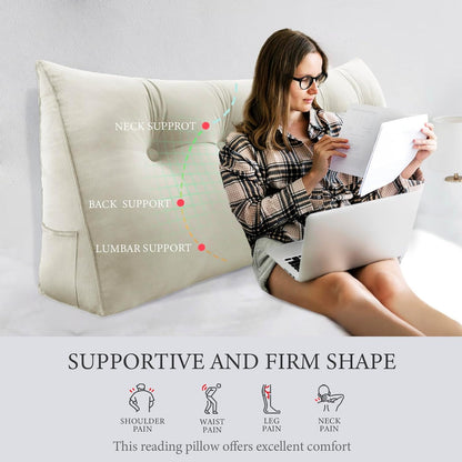 Melhany Queen Size Wedge Headboard Pillow with Side Pockets, Velvet Back Support Reading Pillow with Removable Washable Cover