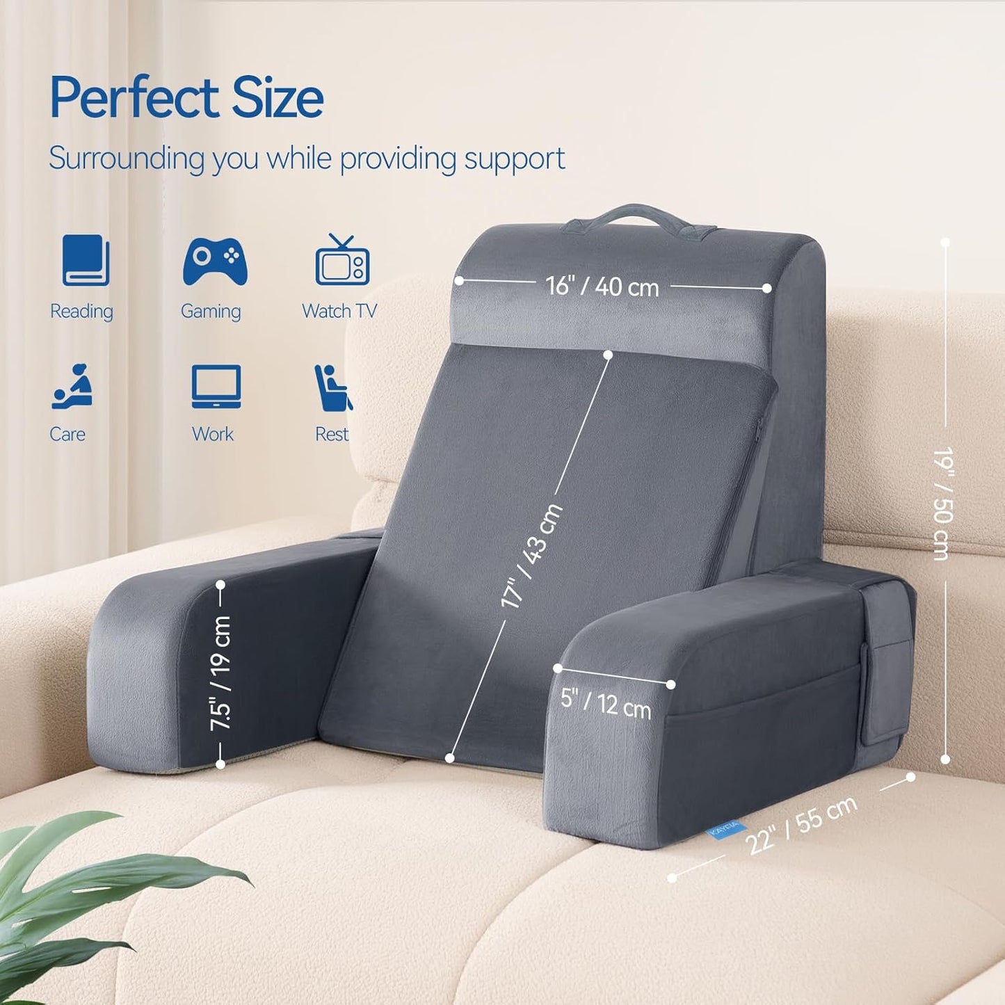 Melhany Adjustable Reading Pillow with Convertible Backrest, Memory Foam Bed Rest Pillow with Removable Arms and Side Pockets