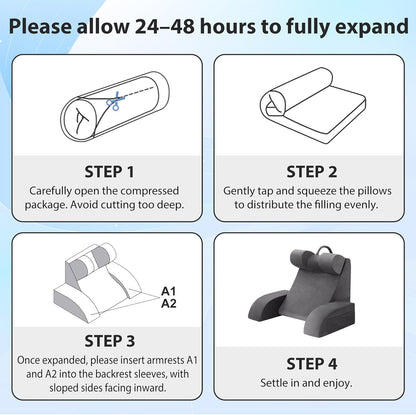 Melhany Medium Foam Reading Pillow with Detachable Arms and Headrest, Bed Rest Back Support Pillow with Side Pockets