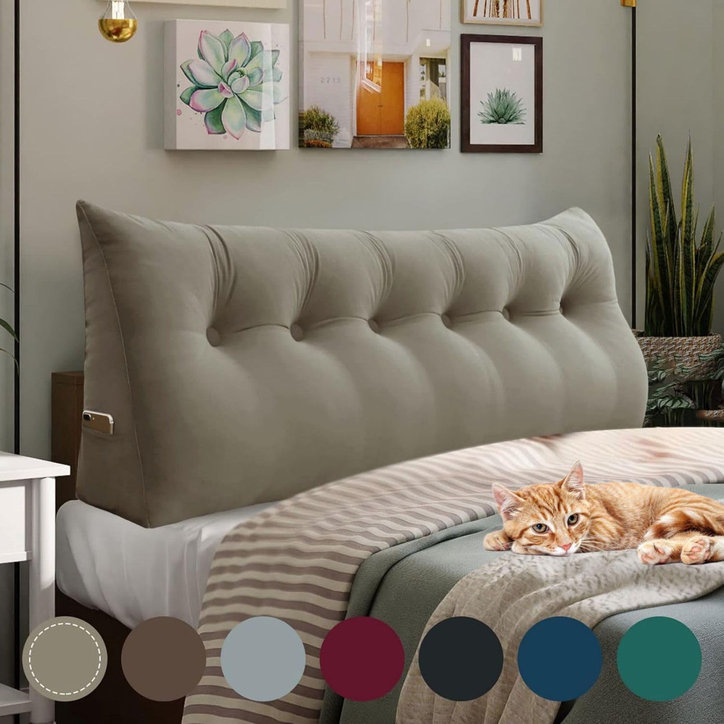 Melhany Queen Size Wedge Headboard Pillow with Side Pockets, Velvet Back Support Reading Pillow with Removable Washable Cover