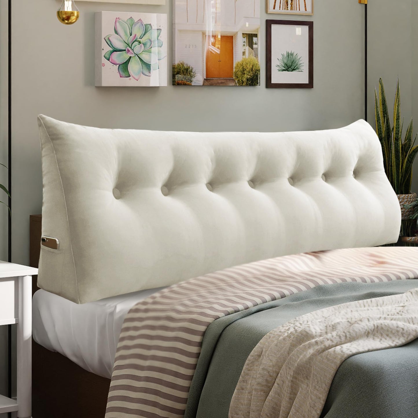 Melhany Queen Size Wedge Headboard Pillow with Side Pockets, Velvet Back Support Reading Pillow with Removable Washable Cover