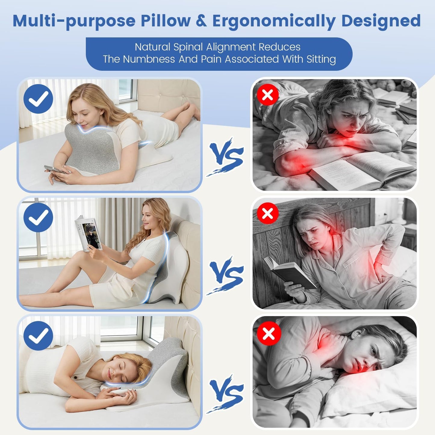 Melhany Memory Foam Wedge Reading Pillow with Cooling Ice Silk Cover, Dual-Usage Bed Rest Support Pillow