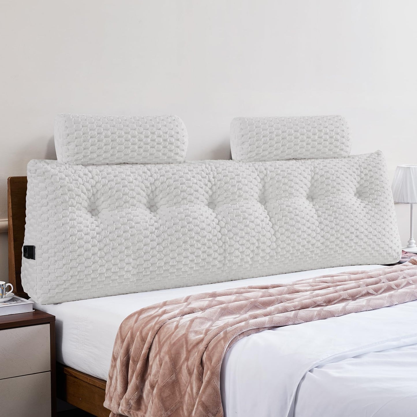 Melhany Queen Size Wedge Headboard Pillow Set with 2 Roll Pillows, Velvet Back Support Reading Pillow with Removable Washable Cover
