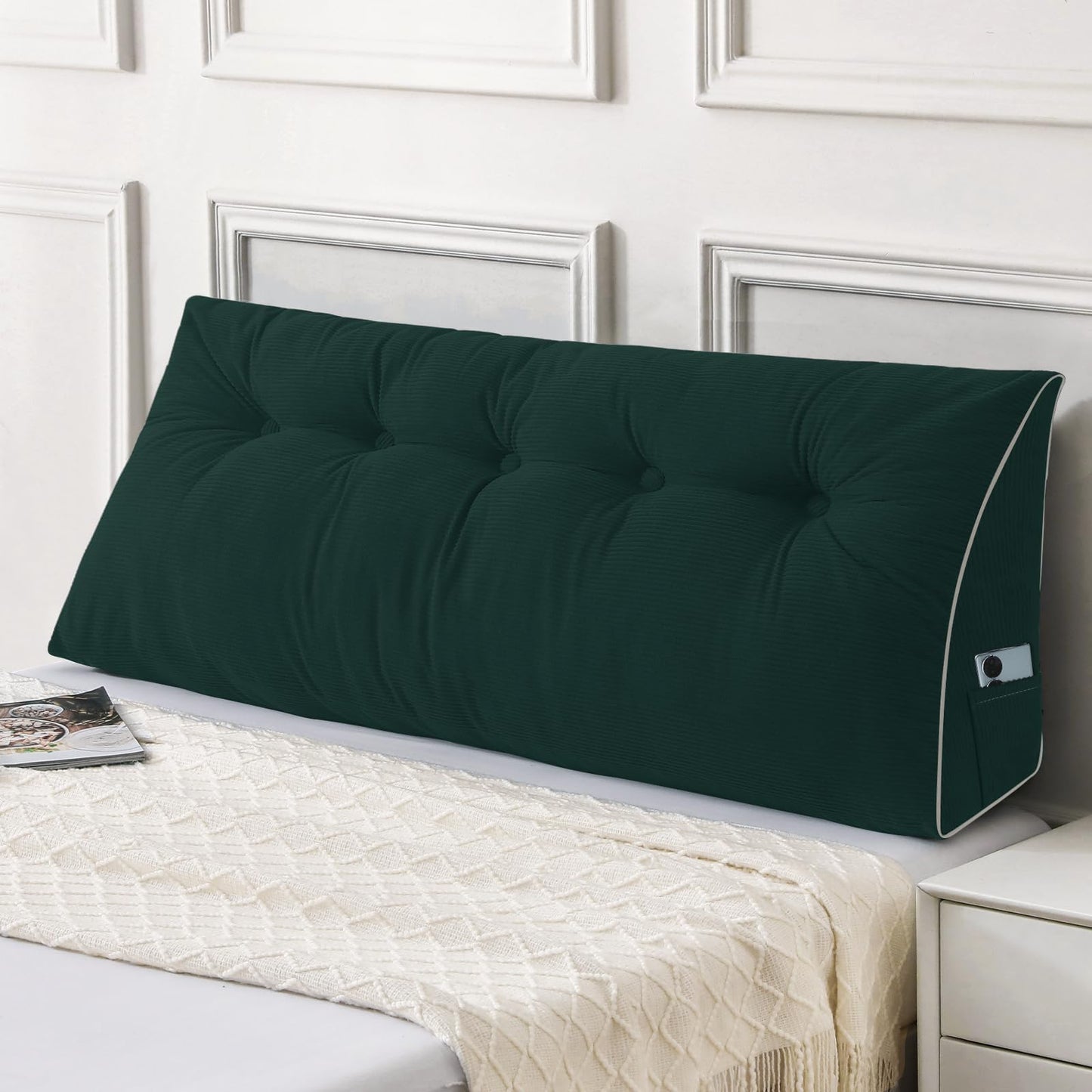 Melhany Queen Size Wedge Headboard Pillow Set with 2 Bolster Pillows, Velvet Back Support Reading Pillow with Removable Washable Cover