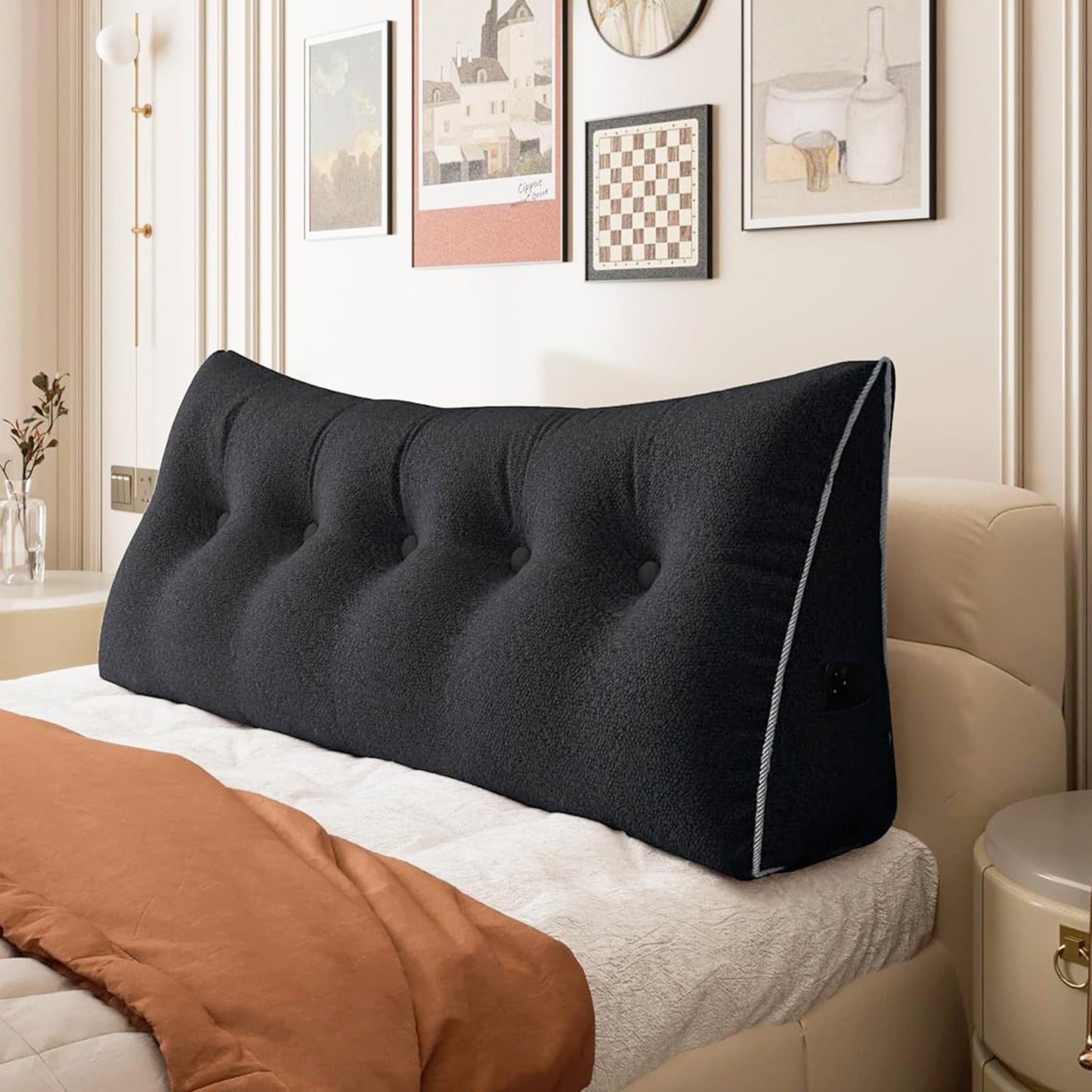 Melhany Queen Size Wedge Headboard Pillow with Side Pockets, Velvet Back Support Reading Pillow with Removable Washable Cover