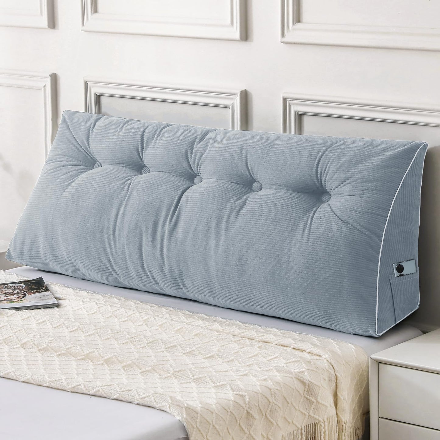 Melhany Queen Size Wedge Headboard Pillow Set with 2 Bolster Pillows, Velvet Back Support Reading Pillow with Removable Washable Cover