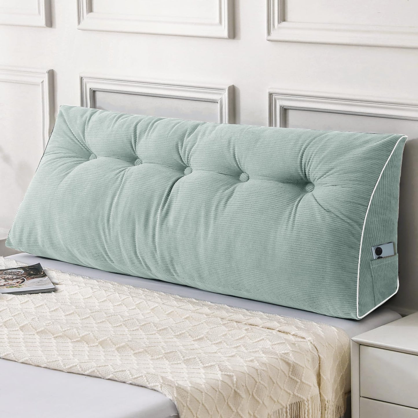 Melhany Queen Size Wedge Headboard Pillow Set with 2 Bolster Pillows, Velvet Back Support Reading Pillow with Removable Washable Cover