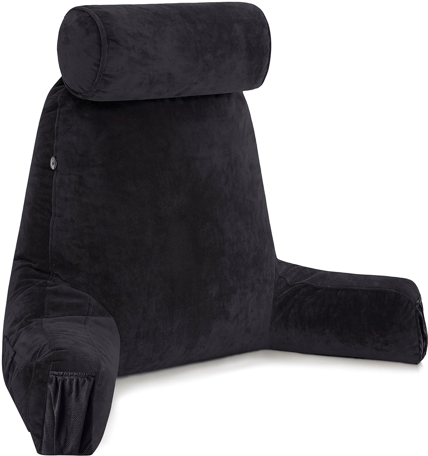 Melhany XX-Large Reading Pillow with Arms and Neck Roll, Shredded Memory Foam Bed Rest Pillow with Removable Cover and Side Pockets, Grey