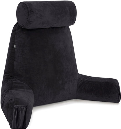 Melhany XX-Large Reading Pillow with Arms and Neck Roll, Shredded Memory Foam Bed Rest Pillow with Removable Cover and Side Pockets, Grey