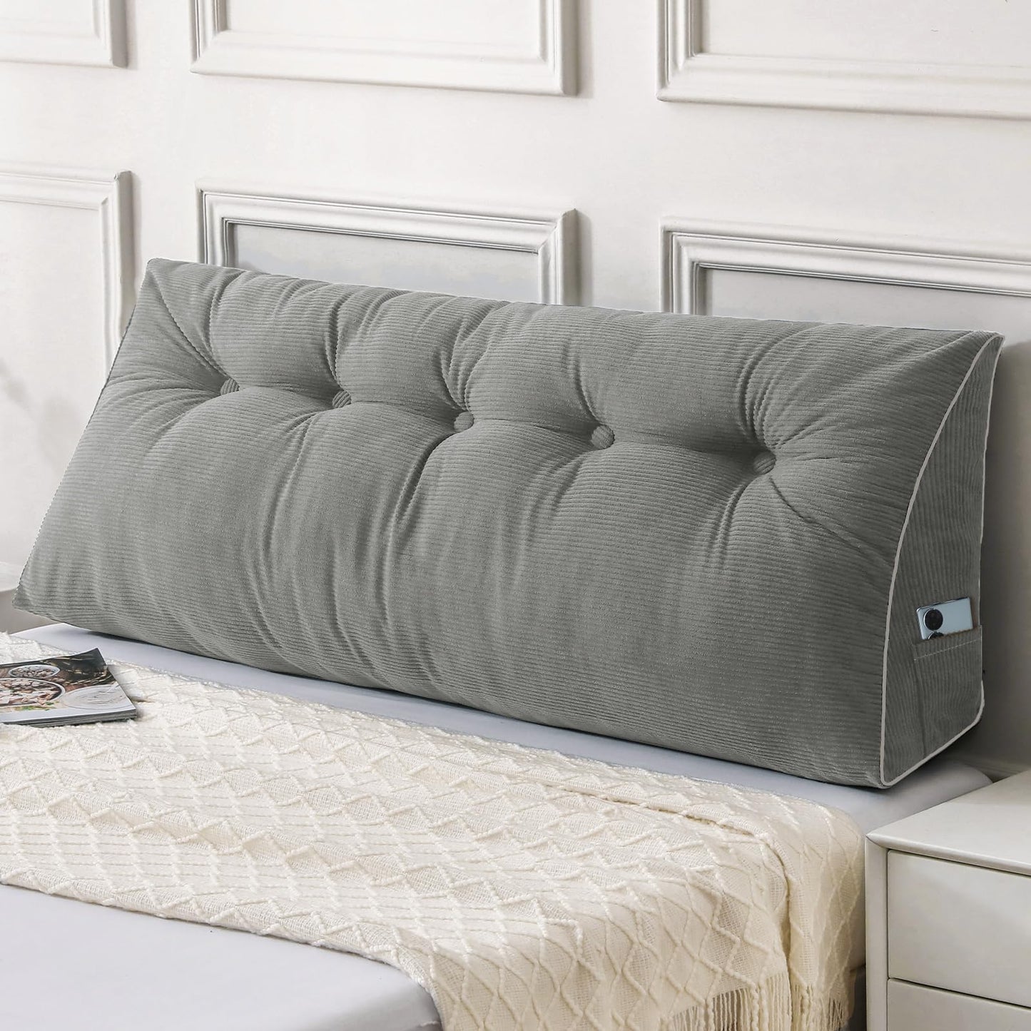 Melhany Queen Size Wedge Headboard Pillow Set with 2 Bolster Pillows, Velvet Back Support Reading Pillow with Removable Washable Cover