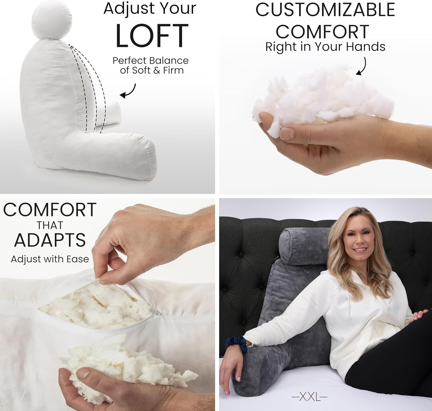 Melhany XX-Large Reading Pillow with Arms and Neck Roll, Shredded Memory Foam Bed Rest Pillow with Removable Cover and Side Pockets, Grey