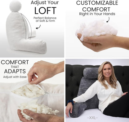 Melhany XX-Large Reading Pillow with Arms and Neck Roll, Shredded Memory Foam Bed Rest Pillow with Removable Cover and Side Pockets, Grey