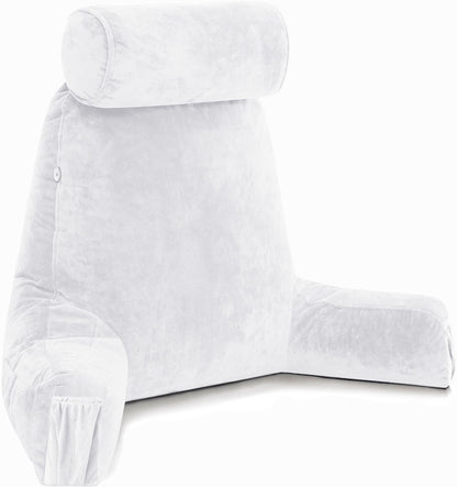 Melhany XX-Large Reading Pillow with Arms and Neck Roll, Shredded Memory Foam Bed Rest Pillow with Removable Cover and Side Pockets, Grey