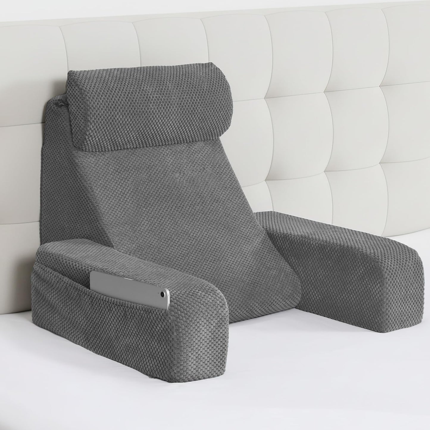 Melhany 19-Inch Wedge Reading Pillow with Removable Arms, Bed Rest Back Support Pillow with Side Pockets